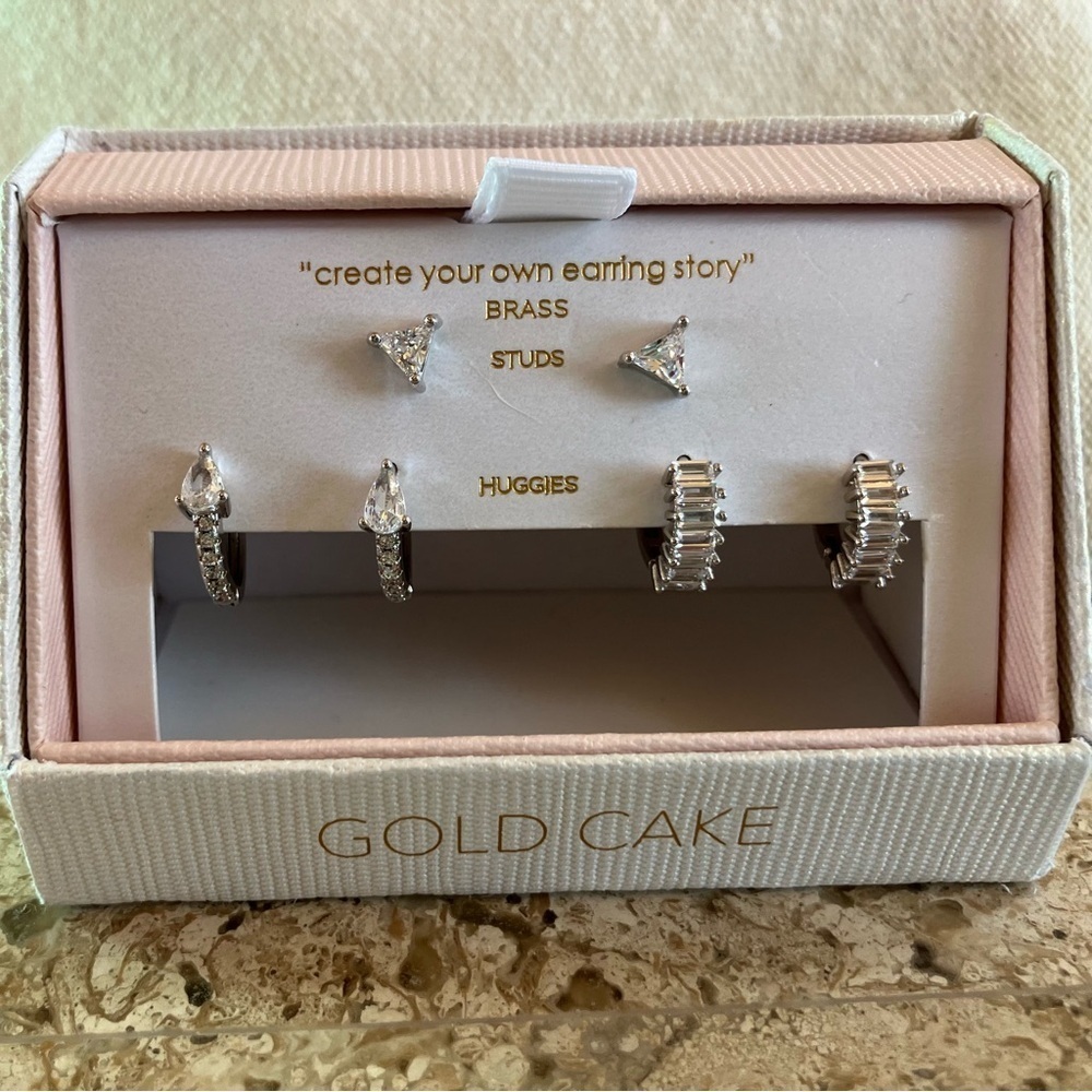 New Gold Cake Earring Set 3 Pair Silver Huggies and Studs, Create Your Own Story - Picture 2 of 3